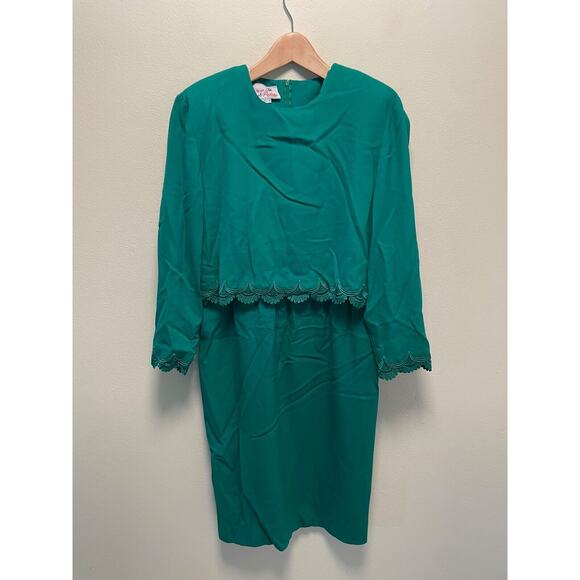 Vintage Caron Chicago Women Dress 10 Petite Green Embroidered Hem Formal 80s 90s - Picture 1 of 7